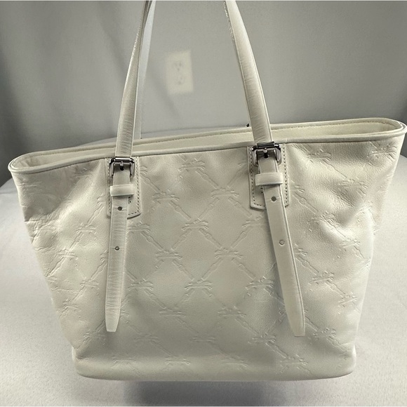 Longchamp • LM Cuir Embossed Logo Metal Luggage Tag White Double Shoulder RARE - Picture 5 of 14